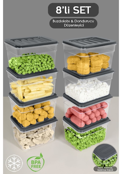 8'li Derin Mikrodalga Uyumlu Organizer Set Düzenleyici Gıda Erzak Saklama Kabı 1100 ML Antrasit