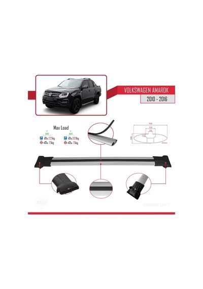 Volkswagen Amarok 2010-2016 Arası İle Uyumlu Fly Model Ara Atkı Tavan Barı Gri 3 Adet Bar