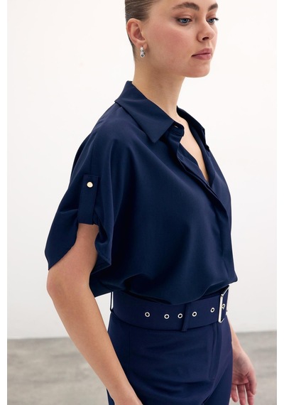 Sateen Kol Detaylı Salaş Gömlek - Lacivert-134584 Lacivert