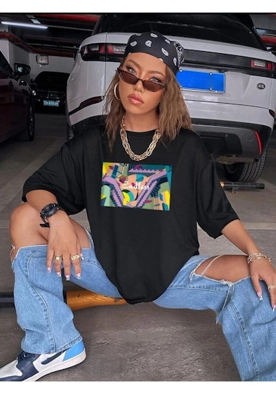 Startmore Kadın Siyah Oversize %100 Pamuk Endless Baskılı T-shirt Siyah
