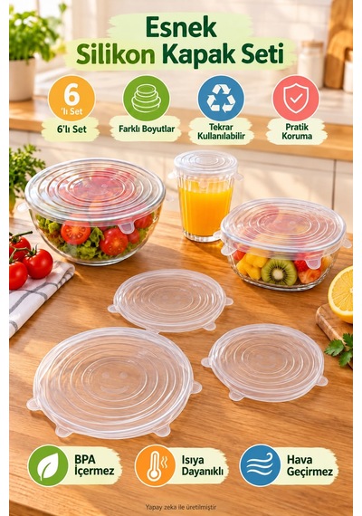 6 Lı Esnek Silikon Streç Kapak Seti, Şeffaf, Tekrar Kullanılabilir Gıda Saklama Kapağı