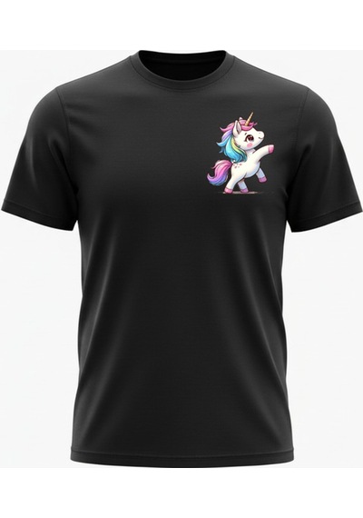 Urbantrendstore Unicorn Unisex Kız Çocuk Bisiklet Yuvarlak Yaka Basic Kısa Kollu %100 Pamuk Tişört Siyah