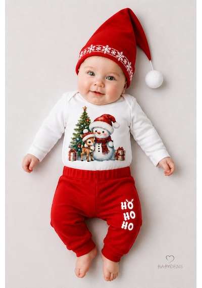 Babyden's Bebek Yılbaşı Noel Kıyafeti 3 Lü Takımı Snowman Baskılı Body,kırmızı Pantolon,noel Şapkası Unisex Kırmızı - Beyaz