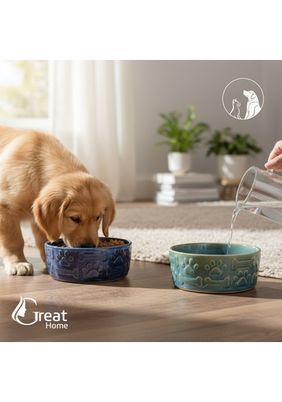 Greathome 2 Li Porselen Kedi Köpek Mama Ve Su Kabı Evcil Hayvanlar İçin