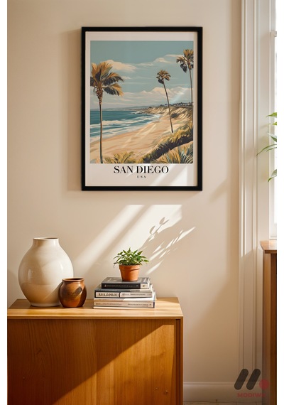 San Diego Sahil Posteri, Siyah Çerçeveli Duvar Tablosu - Seyahat Severlere Hediye