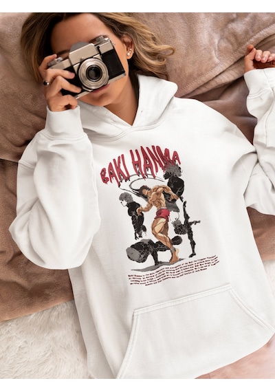 Sevbano Tasarım Baki Hanma Baskılı Unisex Oversize Baki Wiki Anime Hoodie beyaz
