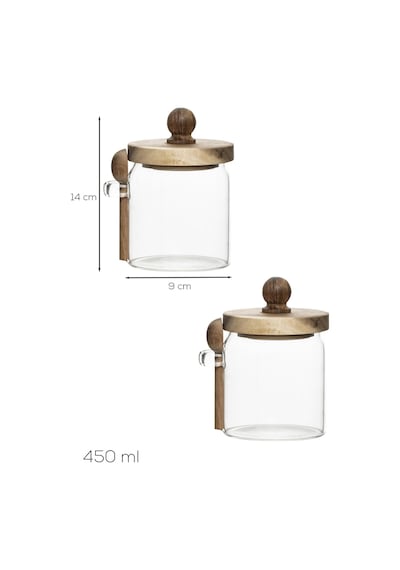 Porsima Lm-0057 Bambu Kapaklı Bambu Kaşıklı Cam 2li Şekerlik Sunumluk Seti Bal Ve Reçel Kavanozu Saklama Kabı 450ml Cam - Şeffaf
