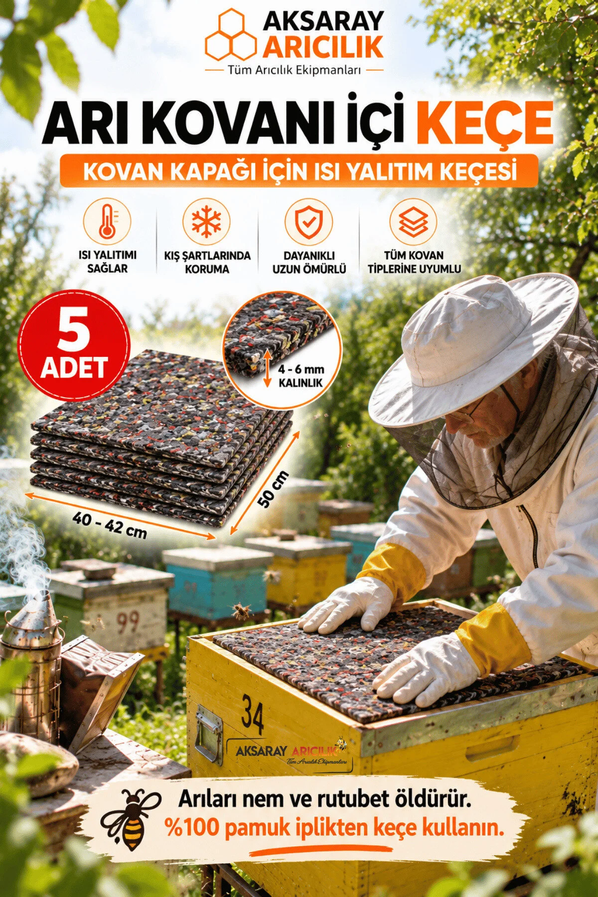 Arı Kovanı İçi Keçe Isı Yalıtım Keçesi 50x40-42 Cm 4-6 Mm Kalınlık Arıcılık Yalıtım Malzemesi