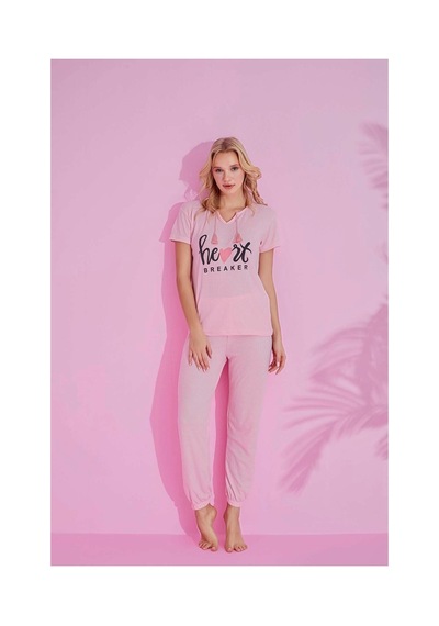 Rindahomewear Kadın Fitilli Kısa Kol Pijama Takımı Pembe