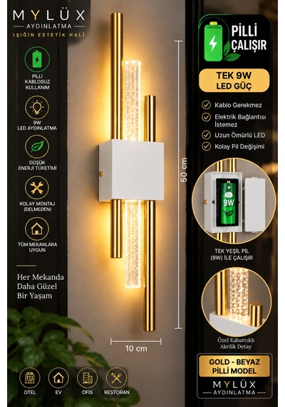 Mylüx Beyaz Gold Kirpi Aplik 50 Cm Pilli Kablosuz 9w Led Kabarcıklı Dekoratif Duvar Aydınlatma Beyaz Beyaz