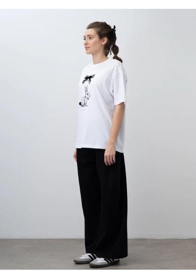 Zekids Kız Çocuk Tavşan Baskılı Oversize Tasarım Tshirt-15538 Ekru