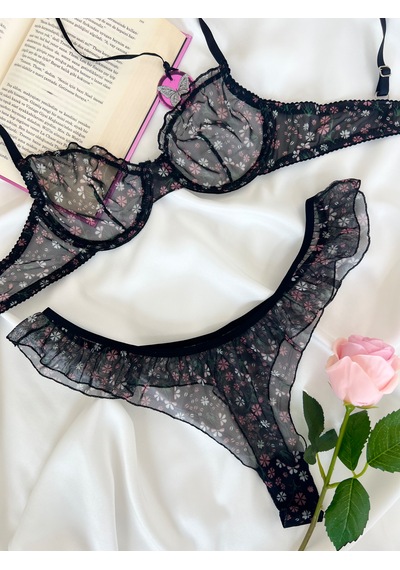 Arinda Butterfly Siyah Tül Çiçek Desenli Balenli Kapsız Fırfırlı Bralette Sütyen Tanga İç Çamaşırı Takımı Alt Üst 2 Parça