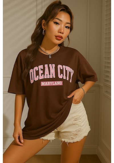 Ocean Cıty Baskılı Oversize Unisex Tişört Kahverengi