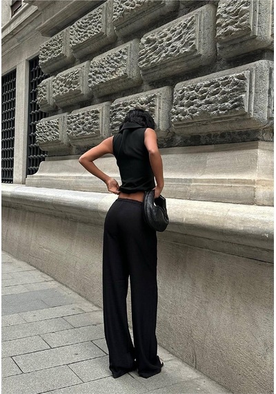 HLT Jeans Kadın Siyah Baggy Beli Lastikli %100 Pamuk Keten Görünümlü Pantolon Emily-3012