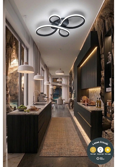 Liya Tasarım Siyah Led Plafonyer Avize - 3 Renk Işıklı Ayarlanabilir Modern Aydınlatma