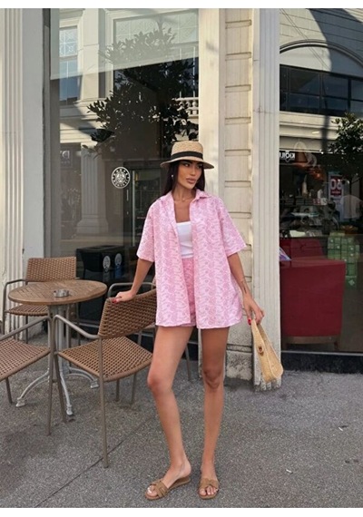 Nido Moda Kadın Oversize Fisto Gömlek Ve Beli Lastikli Şort İkili Takım Pembe