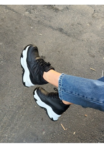 Erva'nın Butiği Siyah Cilt Celly Gizli Topuk Dolgu Topuk 7 Cm Boy Uzatan Sneakers-6476