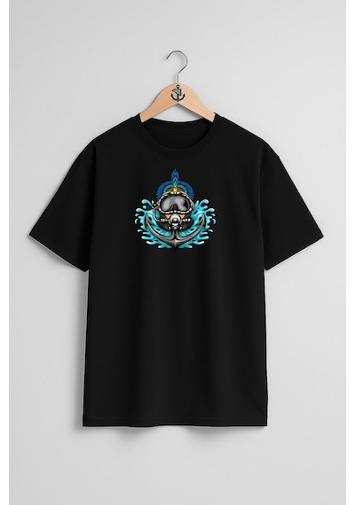 Oversize Çapa Ve Dalış Başlığı Göğüs Tasarımlı Unisex T-shirt Siyah