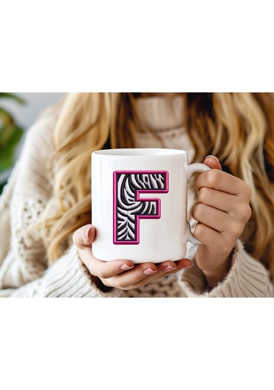 F Harfi Zebra Deseni Ve Pembe Kenarlı Kupa Bardak - Kişiye Özel Nakış Efektli - Siyah Beyaz Pembe Beyaz
