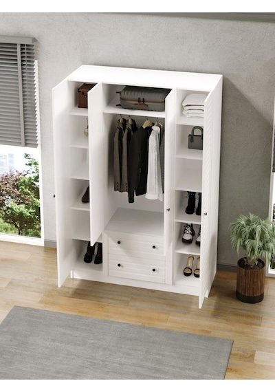 Kuzeylife Elegante Modern Tasarımlı Membran Kapaklı 4 Kapılı Gardırop (52 cm Derinlik)