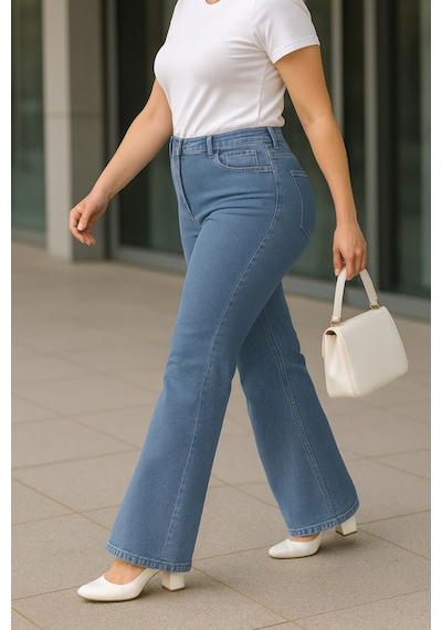Cedy Denim Cedy Denım - Kadın Büyük Beden İspanyol Paça Yüksek Bel Skinny Fit Likralı Pantolon C628 Buz Mavisi