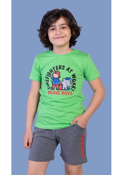 Toontoy Kids Toontoy Erkek Çocuk İtfaiye Adam Baskılı Şortlu Takım Yeşil