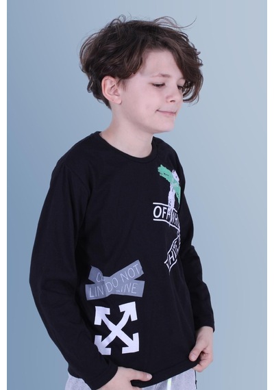 Panios Kids X Baskılı Uzun Kollu Erkek Çocuk Siyah Sweatshirt Siyah