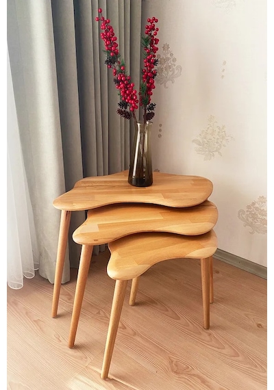 Fawdecor Asimetrik Naturel Masif Doğal Ahşap Zigon Sehpa 3'lü Set