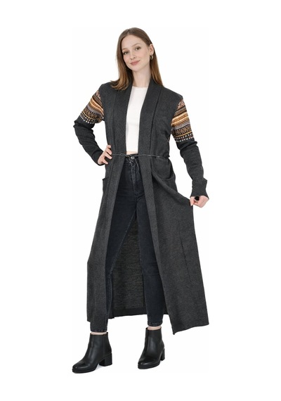 Onno Style Woman Standart Beden Kilim Desenli Uzun Triko Ceket Gri