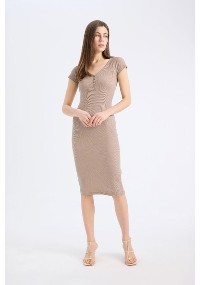 DeFacto Bodycon Vücudu Saran V Yaka Fitilli Kaşkorse Kısa Kollu Midi Elbise E7368AX25SPBG73