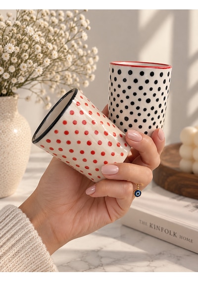 Benekli Seramik Espresso Fincan Set Kırmızı - Siyah