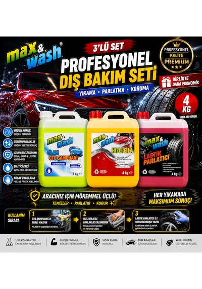 Max&wash 3'lü Profesyonel Dış Bakım Seti 4+4+4 Kg Cilalı Oto Şampuan + Hızlı Cila + Lastik Parlatıcı Oto Kuaför Bakım Seti