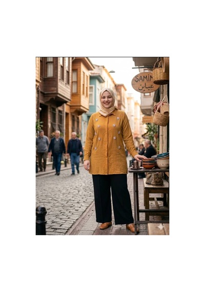 Maşuka Büyük Beden Kristal Taş Çiçek Desen İşlemeli Ayrobin Kumaş Şık Ve Rahat Hardal Kadın Tunik Hardal Hardal