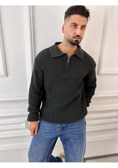Elku Moda Kazak Oversize Tüylenmez Naturel Pamuk Fermuarlı Polo Yaka Örme Triko Kazak Füme