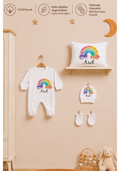 Pia Baby Kız Bebek Hastane Çıkışı 6 Parça %100 Pamuk İsme Özel Kese Hediyeli Tulum Şapka Eldiven Seti 1019tybk0x Krem