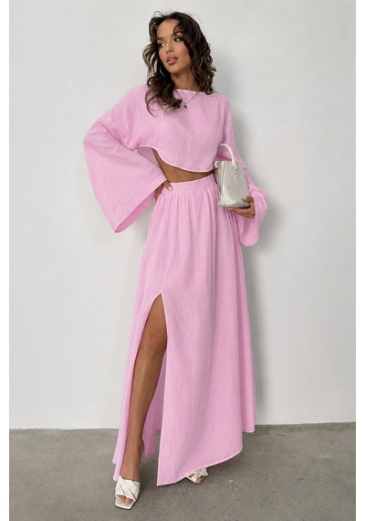 Unika Boutique Ham Keten Bohem Bluz Etek Takım Toz Pembe