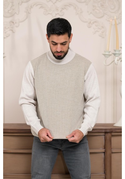 Woolen World Balıkçı Yaka Desenli Yünlü Erkek Triko Kazak Krem