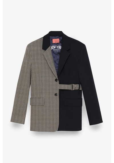 Ekose Garnili Kuşak Detaylı Oversize Blazer Ceket Lacivert Lacivert