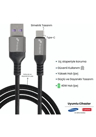 Priente Pd40ca 40w Örgülü Type-c To Usb-a Hızlı Data/şarj Kablosu 1.5 Metre Priente Türkiye li