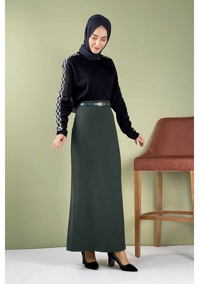 İbrahim Burak Etiler Collection Moda Çizgi Etek Zümrüt Yeşili