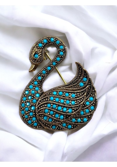 İnci Kuğu Motif Broş Turkuaz