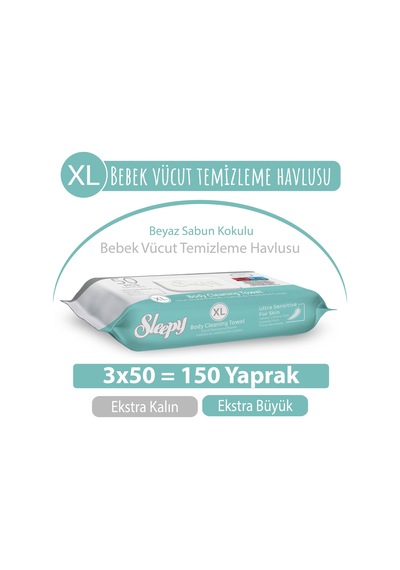 Sleepy Xl Beyaz Sabun Bebek Vücut Temizleme Havlusu 3 x 50 150 Yaprak