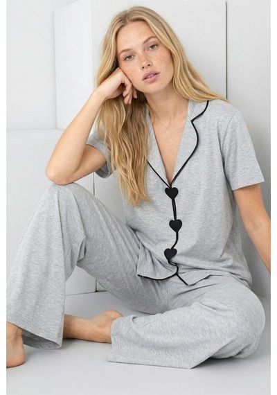 Siyah İnci Biye Detaylı Örme Pijama Takım7891 Gri