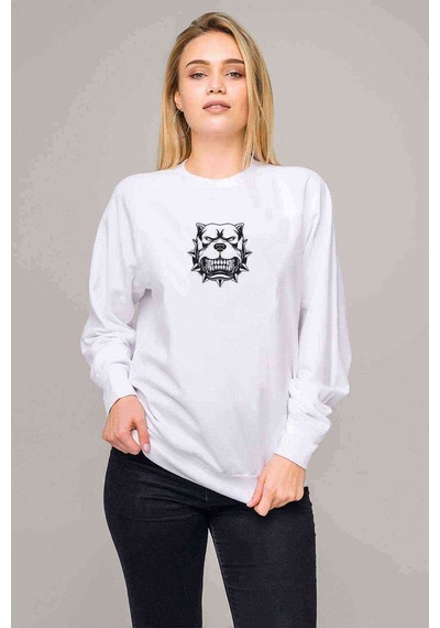 Mascot Logo Pitbull Iki Farklı Baskılı Beyaz Kadın Sweatshirt