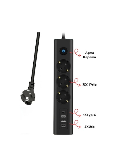 Akım Korumalı Priz 3'lü Priz 3x Usb Girişi 1x Type-c Girişi 2mt Kablo Grup Priz Ftr-13 1.9 M