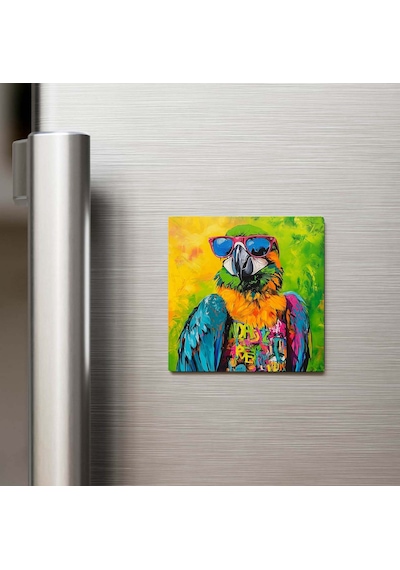 Parrot - Papağan - Güneş Gözlüklü Style - Buzdolap Magneti - 9x9 Cm