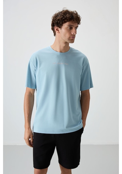 Air Jones Tommy Life Açık Mavi Pamuklu Kalın Yüzeyi Dokulu Oversize Fit Baskılı Erkek T-shirt - 88364 Açik Mavi