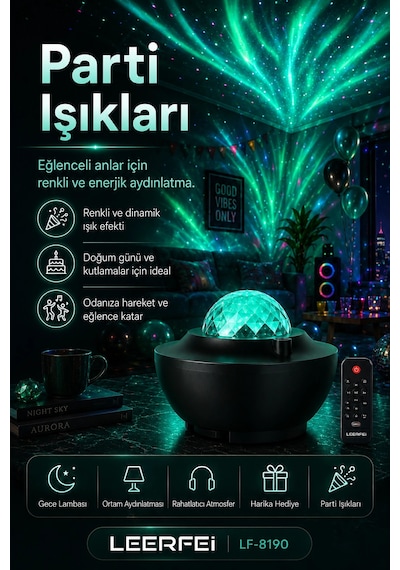 Parti Işığı Özellikli Galaksi Projeksiyon Lambası Kumandalı Gece Aydınlatması