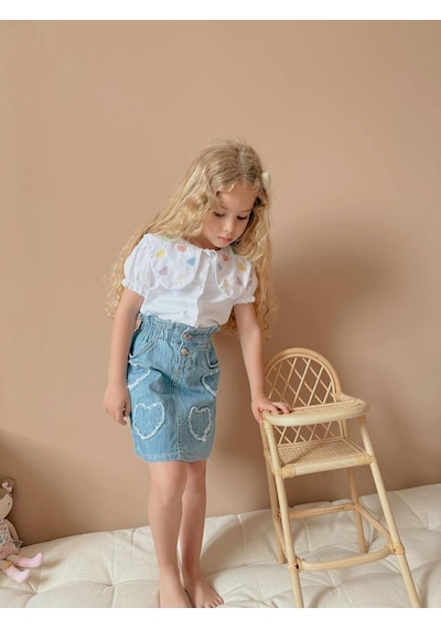 Jolly Kids Kız Çocuk Kalp Nakışlı Kot Etekli Takım Beyaz