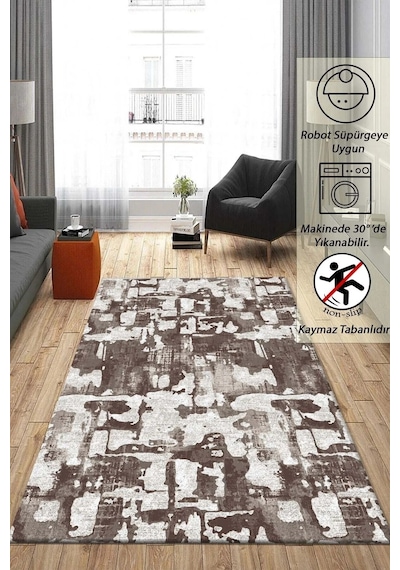 Raschel Carpet Geometrik Desenli Kahverengi Kaymaz Taban Kalın Peluş Halı - Yolluk Yüksek Kalite